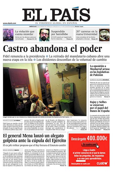 Portada de El País, febrero de 2008