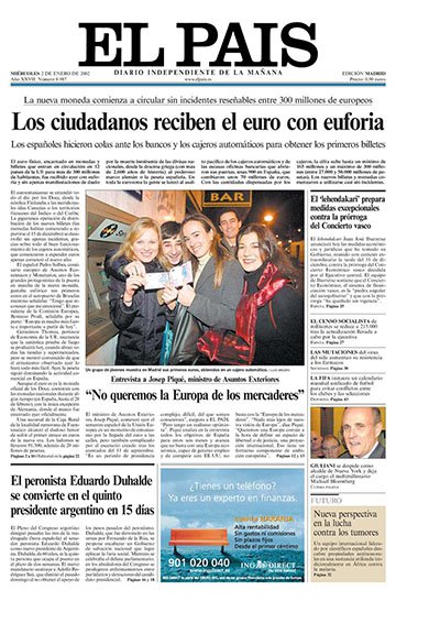 Entra en circulación la moneda Euro, El País, enero de 2002.