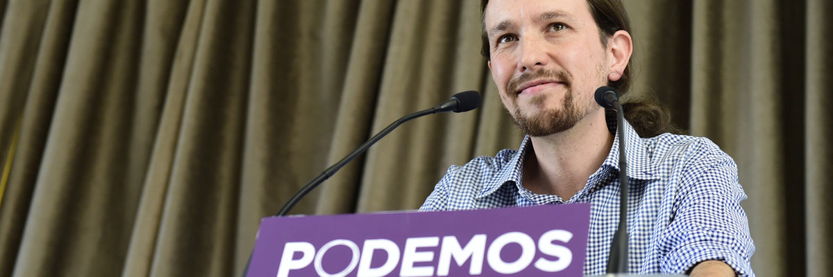 El líder de Podemos, Pablo Iglesias, en una conferencia de prensa en Madrid, mayo de 2014. Gerard Julien/AFP/Getty Images
